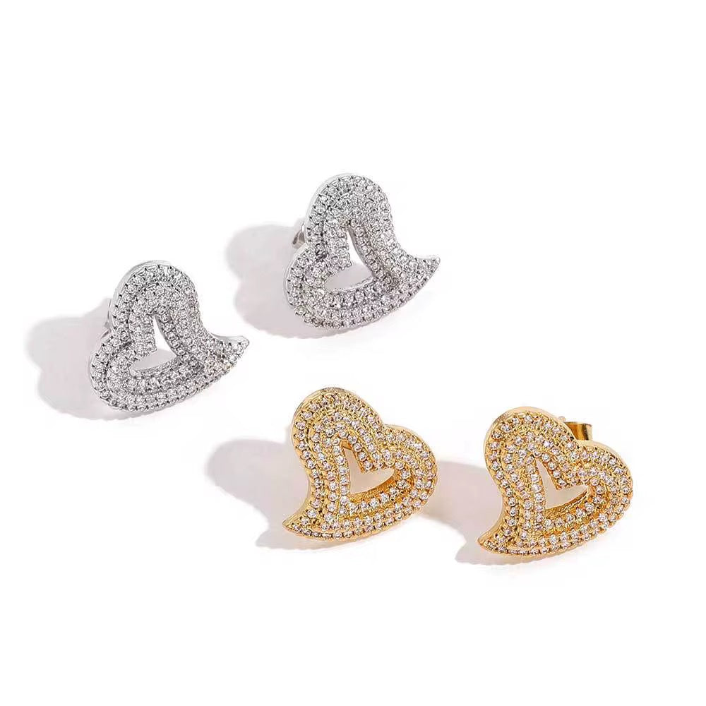 18k Gold Plated Hollow Heart Shaped Earrings Cubic Zirconia