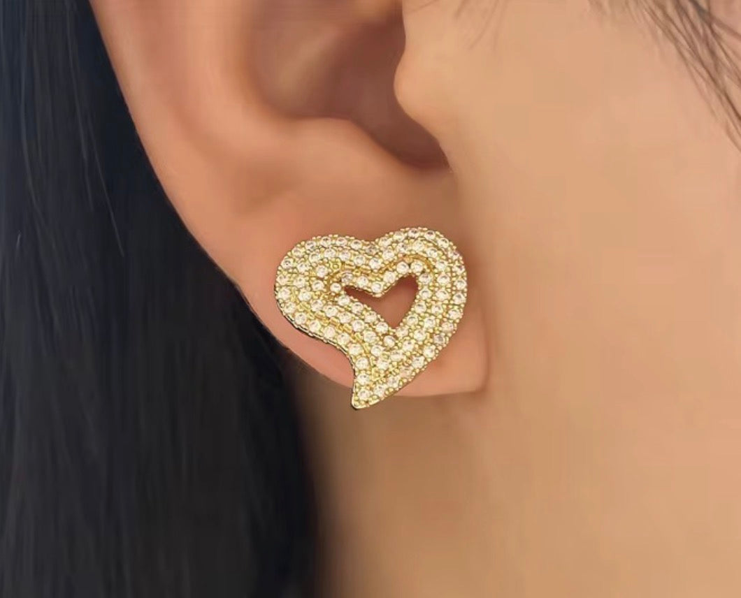 18k Gold Plated Hollow Heart Shaped Earrings Cubic Zirconia